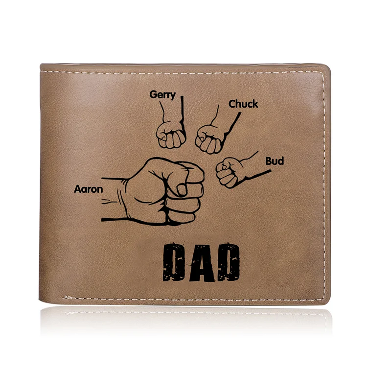 4 Names - Personalized Men Leather Wallet Custom Photo & Name Folding Wallet Fist Bump Wallet Gift for Dad