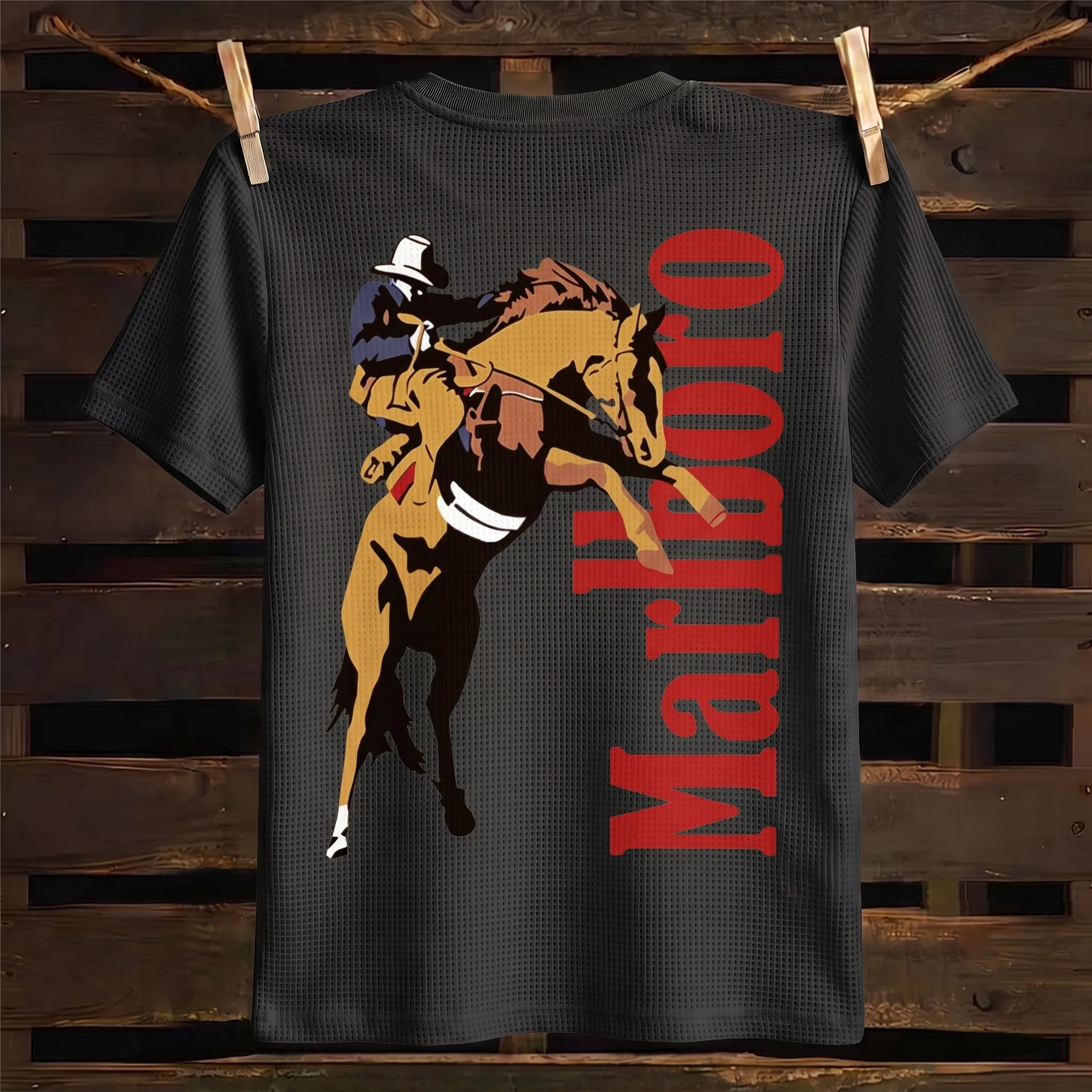 Western Cowboy Graphic Print Waffle Knit T-Shirt