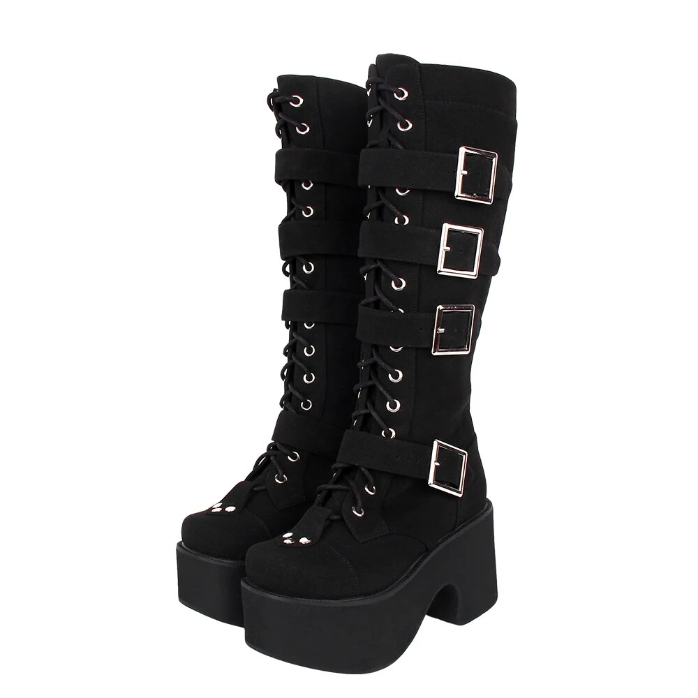 VCshoes Women Motorcycle Cool Punk Shoes Lady Long Boots Woman High Heels Pumps Wedges Heel 9708 Flock