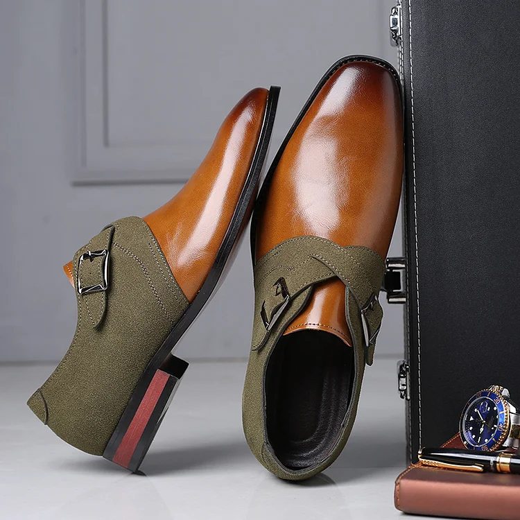 Men's Casual Colorblock Faux Leather Patchwork Square Toe Buckle Oxfords Shoes