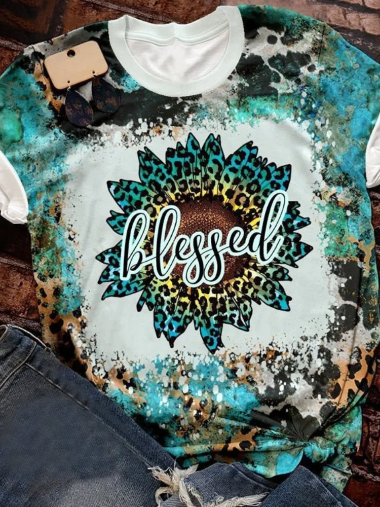 Vefave Blessed Sunflower Cow Pattern Leopard Print T Shirt