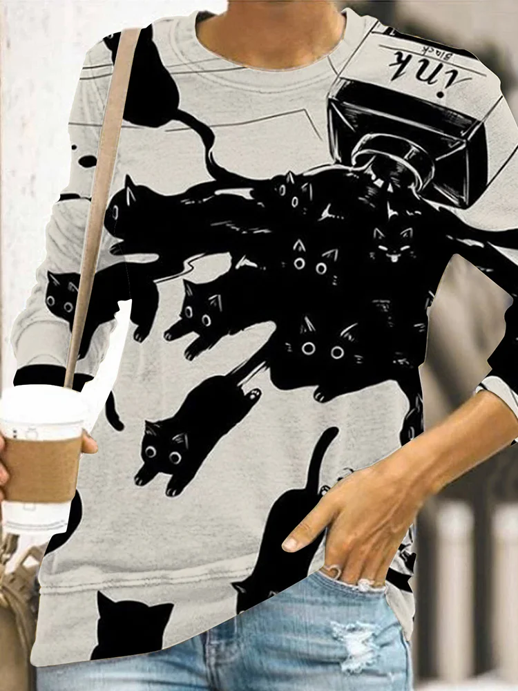 Ink Black Cat Funny Printed Casual Long-Sleeves