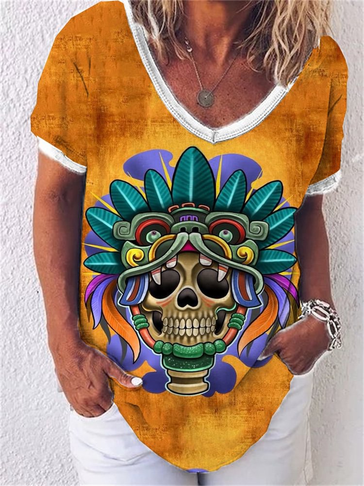 Sugar Skull Print V Neck Comfy T Shirt