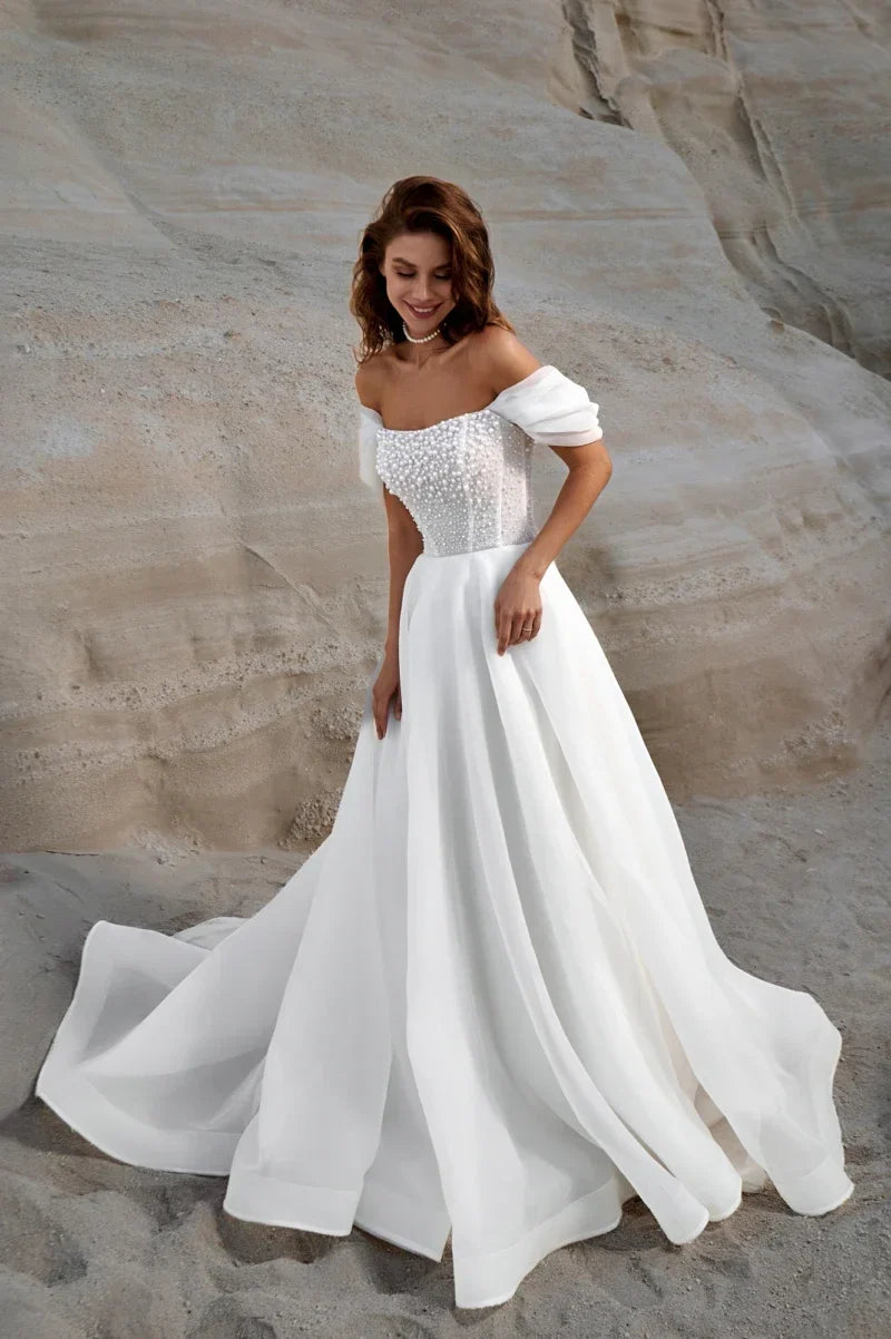 Runhufu Elegant A-Line Wedding Dresses Short Sleeve Pearls Beach Bride Dress Bridal Gowns vestidos de fiesta elegantes 2024 Runhufu Elegant A-Line Wedding Dresses Short Sleeve Pearls Beach Bride Dress Bridal Gowns vestidos de fiesta elegantes 2024