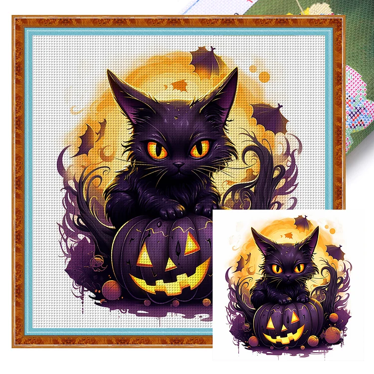 【Yishu Brand】Halloween Pumpkin Lantern Black Cat 11CT Stamped Cross Stitch 50*50CM