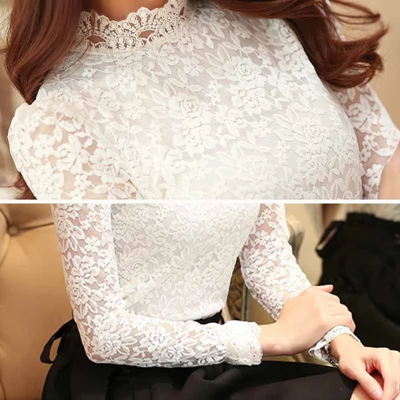 Tlbang 2023 Elegant Lace Crocheted Hollow Out Top Stand-up Collar White Blouse Woman Sweet Long Sleeve Shirts Blusas 1695