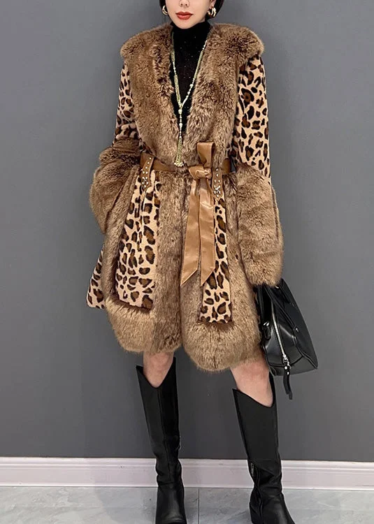 Sexy Leopard Fur Collar Print Patchwork Button Tie Waist Mink Velvet Leather And Fur Thick Coats