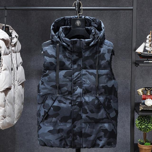 Men Sleeveless Men Thickening Vest Hat Hooded Warm Vest Winter Waistcoat Men Casual Windbreaker Jacket