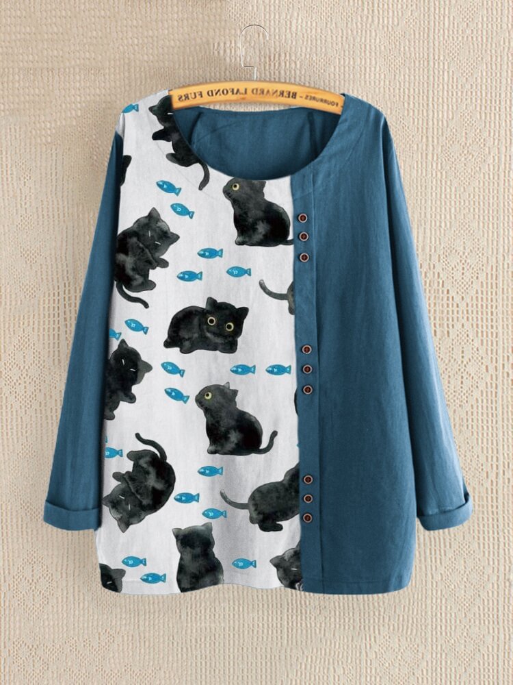 Women Cat Fish Print Patchwork O neck Long Sleeve Casual Blouse P1798955
