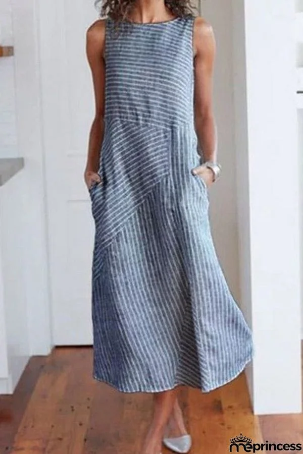 Striped Round Neck Sleeveless Oversized Fitted Dress