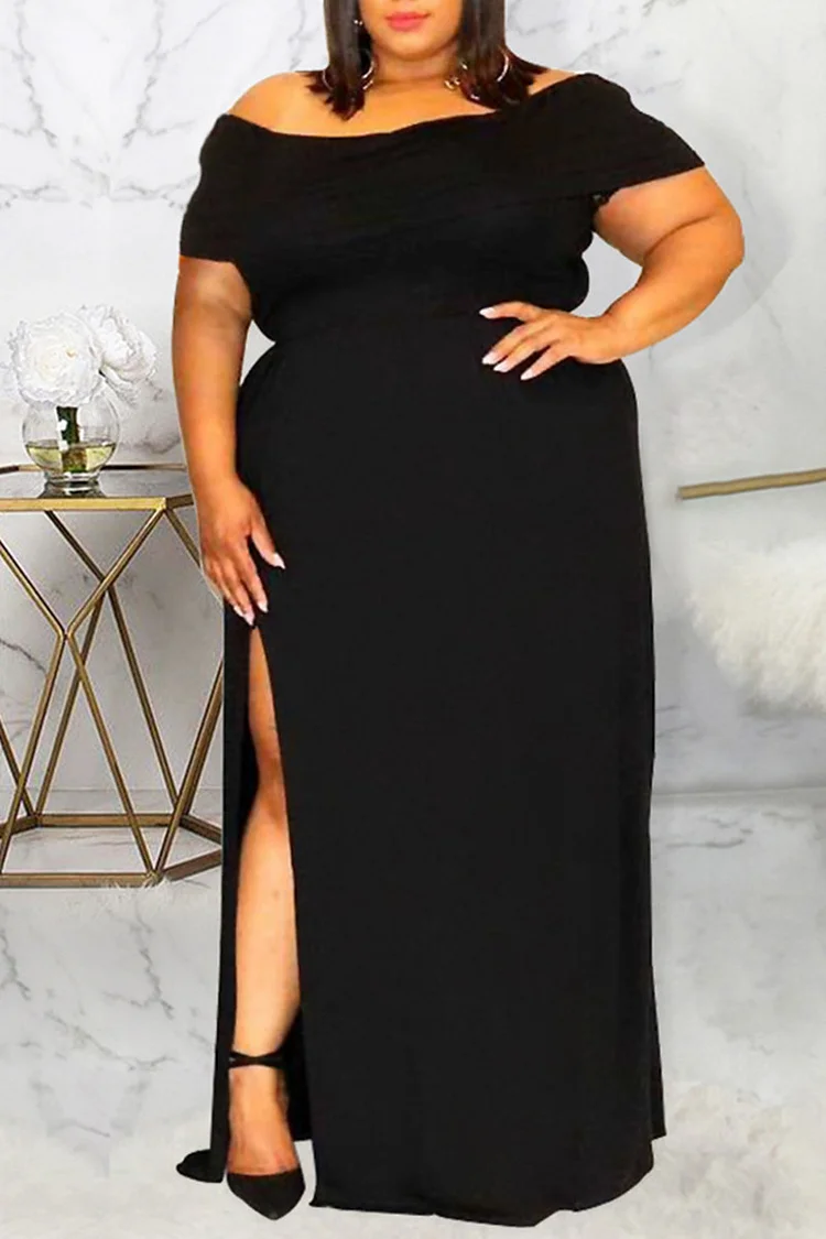 Black Fashion Casual Plus Size Solid Slit Off the Shoulder Long Dress