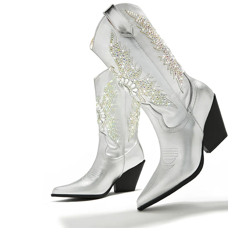Women'S Silver Pointy Western Boots Elegant Rhinestones Block Heel Shoes Calf High Boots |FSJ Shoes