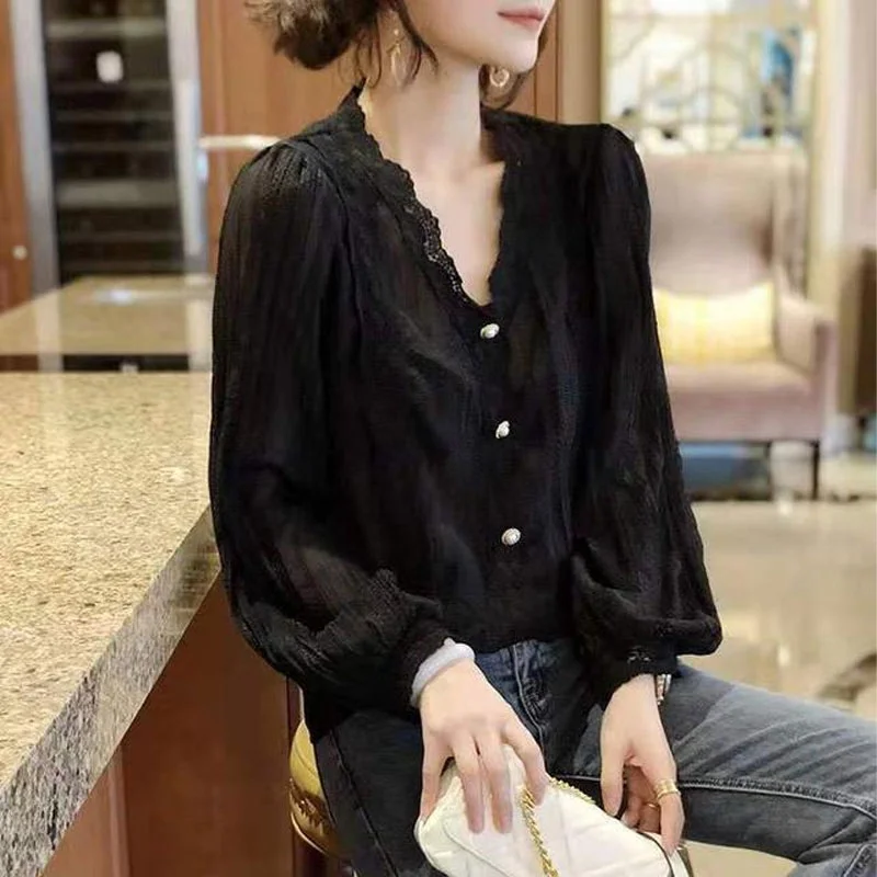 Nigikala Wind Solid Color Lace Spliced Shirt Spring Autumn Long Sleeve Women's Hollow Out Chic Pearl Button Korean V-Neck Blouse