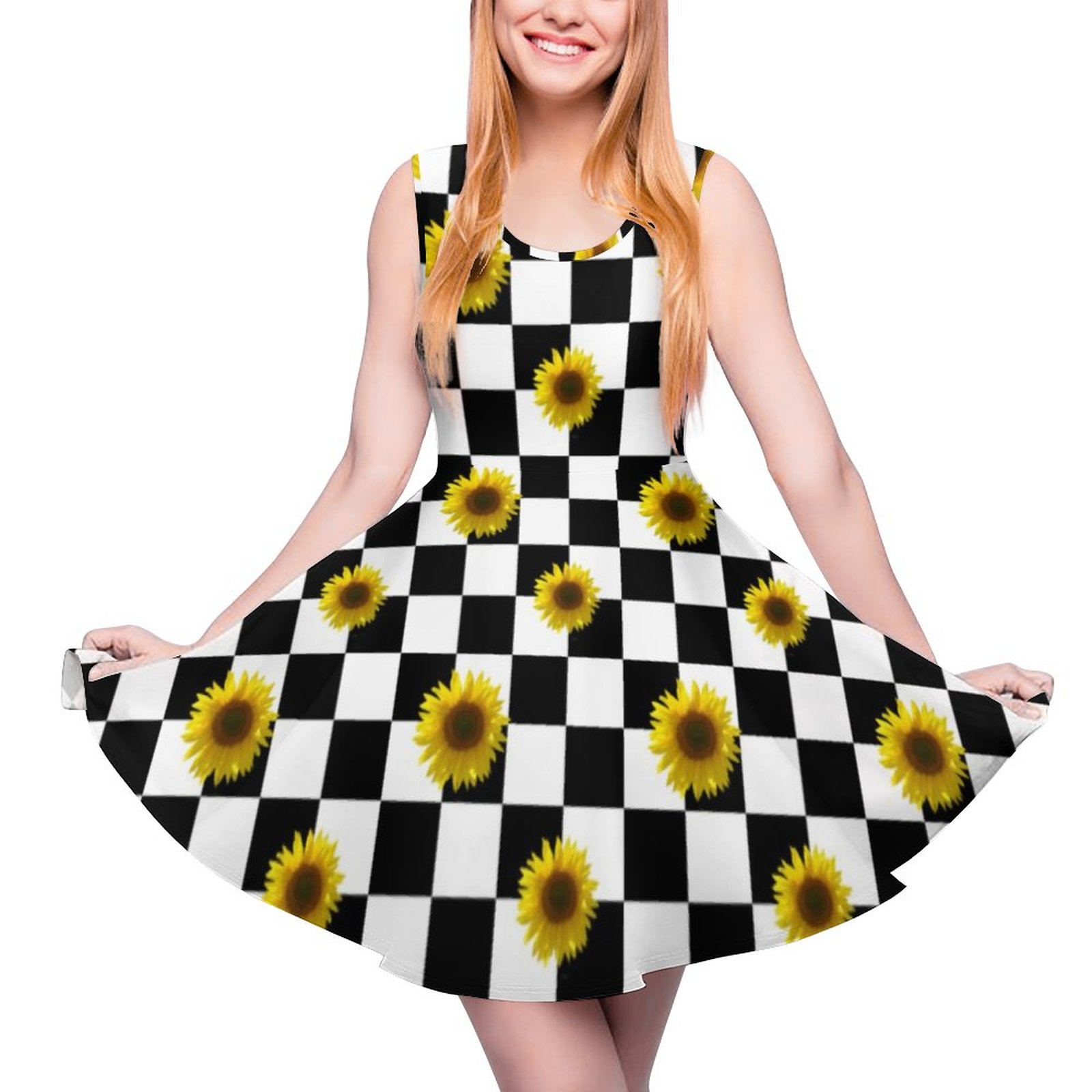 Black And White Checkered Sunflower Print Casual Flared Tank Dress, Sleeveless Mini Skater Dresses Black & White-XS Black And White Checkered Sunflower Print Casual Flared Tank Dress, Sleeveless Mini Skater Dresses Black & White-XS