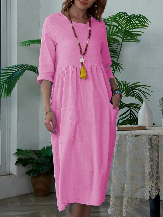 Women's Loose Round Neck 3/4 Sleeve Solid Color Linen Dress