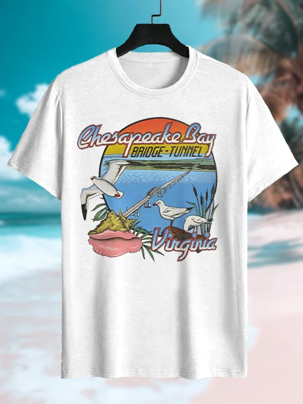 Men's Chesapeake Bay Bridge-Tunnel Virginia Seagull Print Cotton Casual T-Shirt