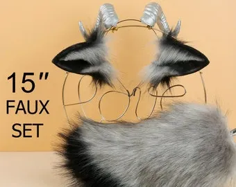 pornhint Pornhint balck gray sheep tail plug and ear set cosplay goat ear and tail set petplay sheep tail butt plug and ear set bdsm sextoy for couple -mature