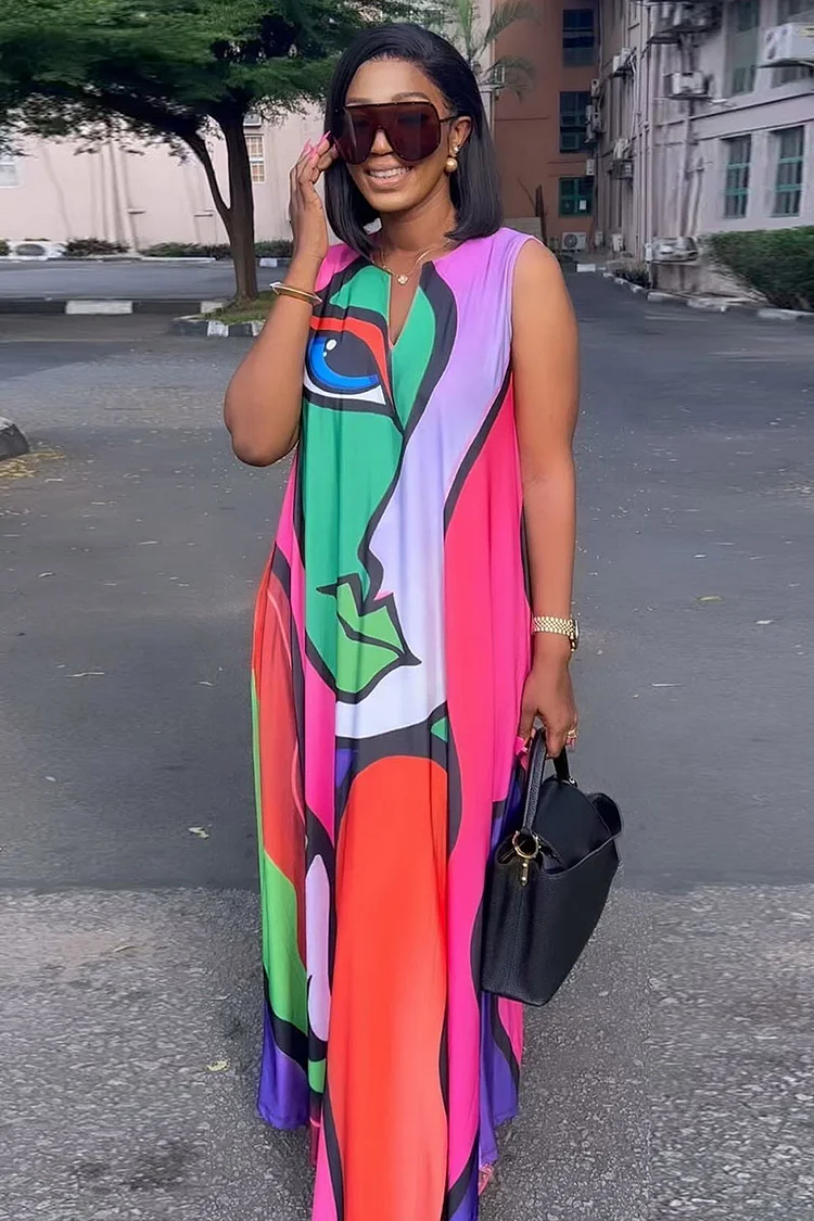 Colorblock Abstract Face Print Sleeveless Loose Fit Maxi Dresses