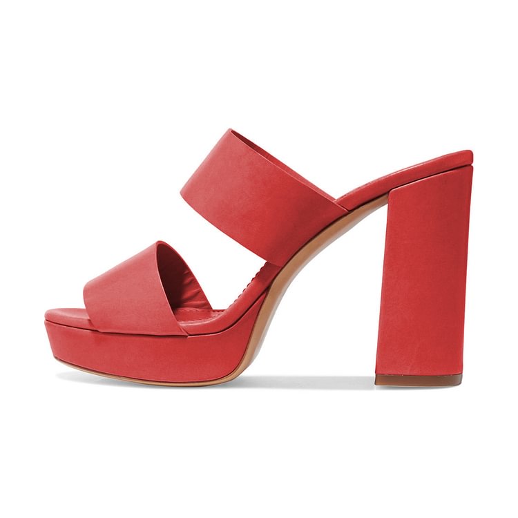 FSJ Red Chunky Heels Open Toe Platform Mules |FSJ Shoes