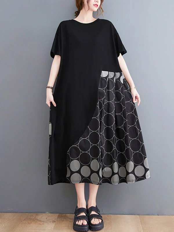 Casual Stamped Polka-Dot Split-Joint Asymmetric Round-Neck Plus Size Midi Dress