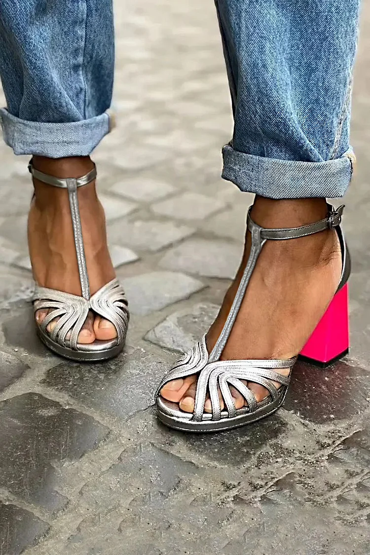 Sheen Peep Toe T-Strap Contrast Color Chunky Heels