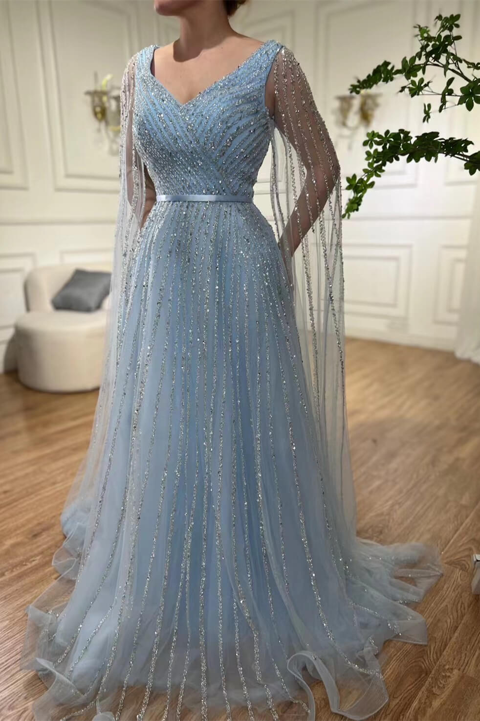 Dresseswow Sky Blue A-Line Prom Gown Ruffle Sleeves With Beadings V-Neck