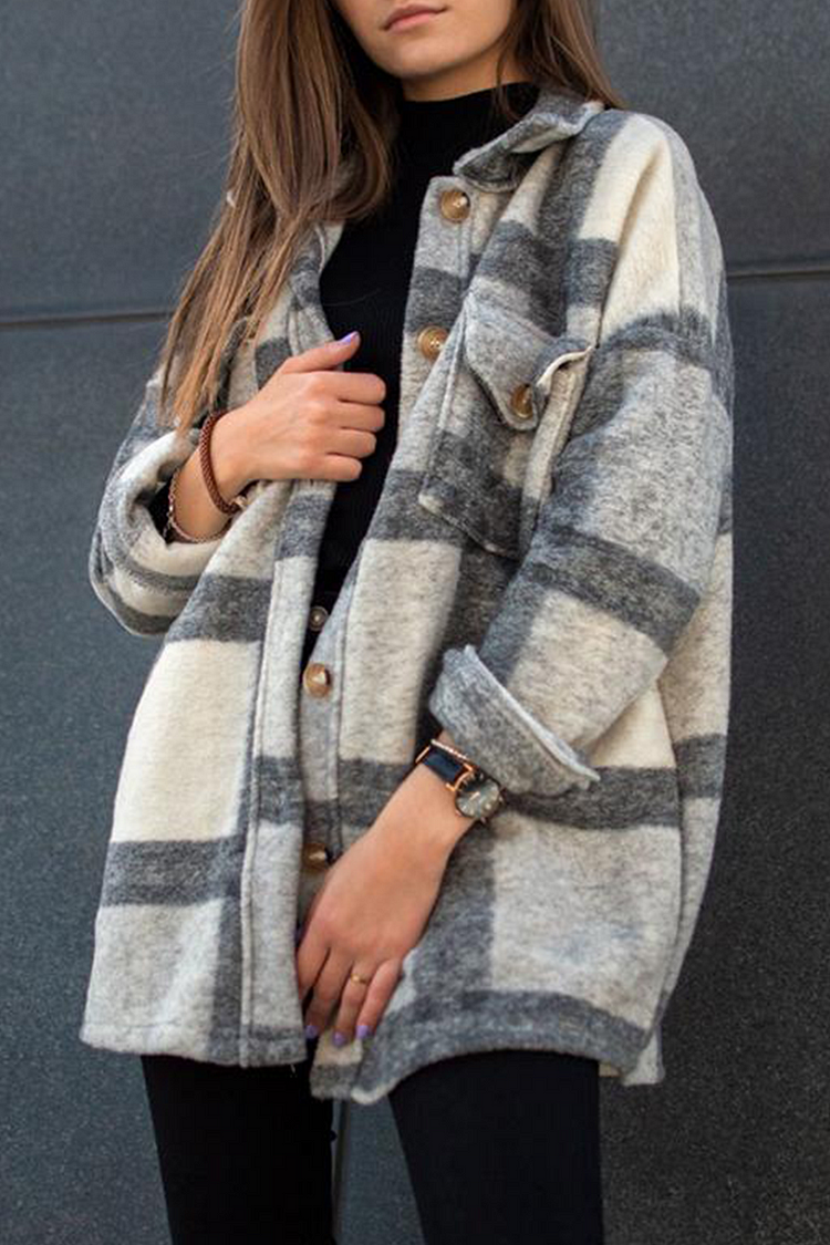 Casual Plaid Pocket Buckle Turndown Collar Outerwear - Life is Beautiful for You - SheChoic