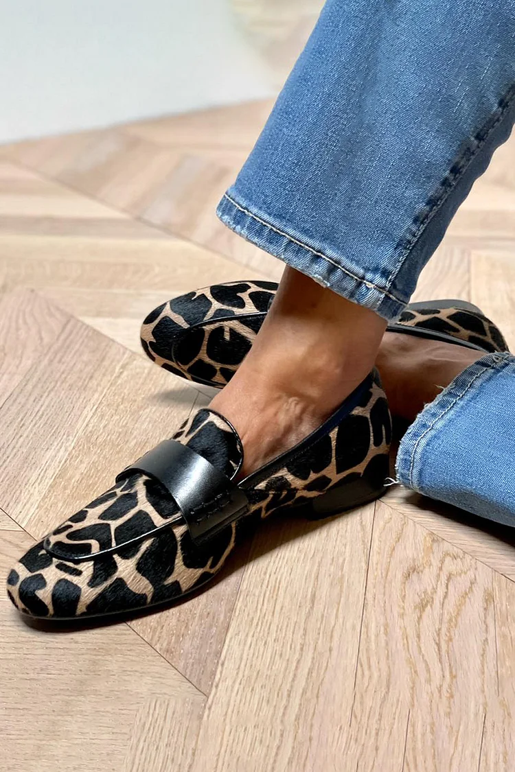 Cow Print Colorblock Round Toe Slip On Loafers