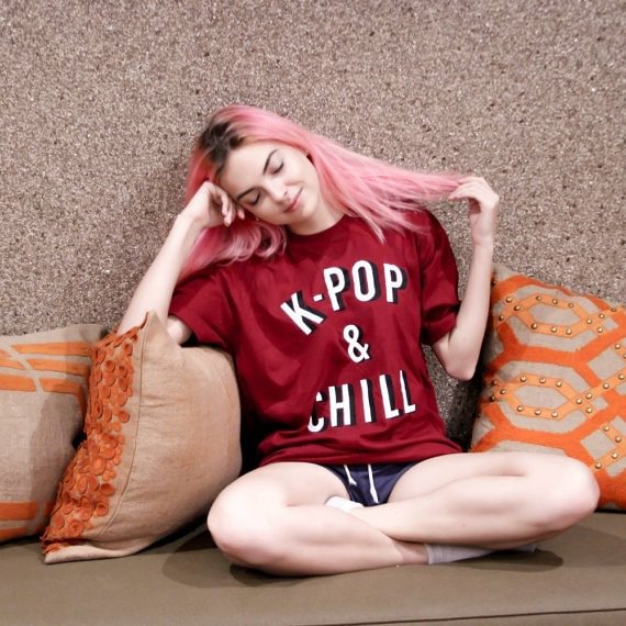 K-POP & CHILL Women Korean Fashion K-Pop T-Shirt BTS EXO Fans Graphic Tee Burgundy - BlackFridayBuys