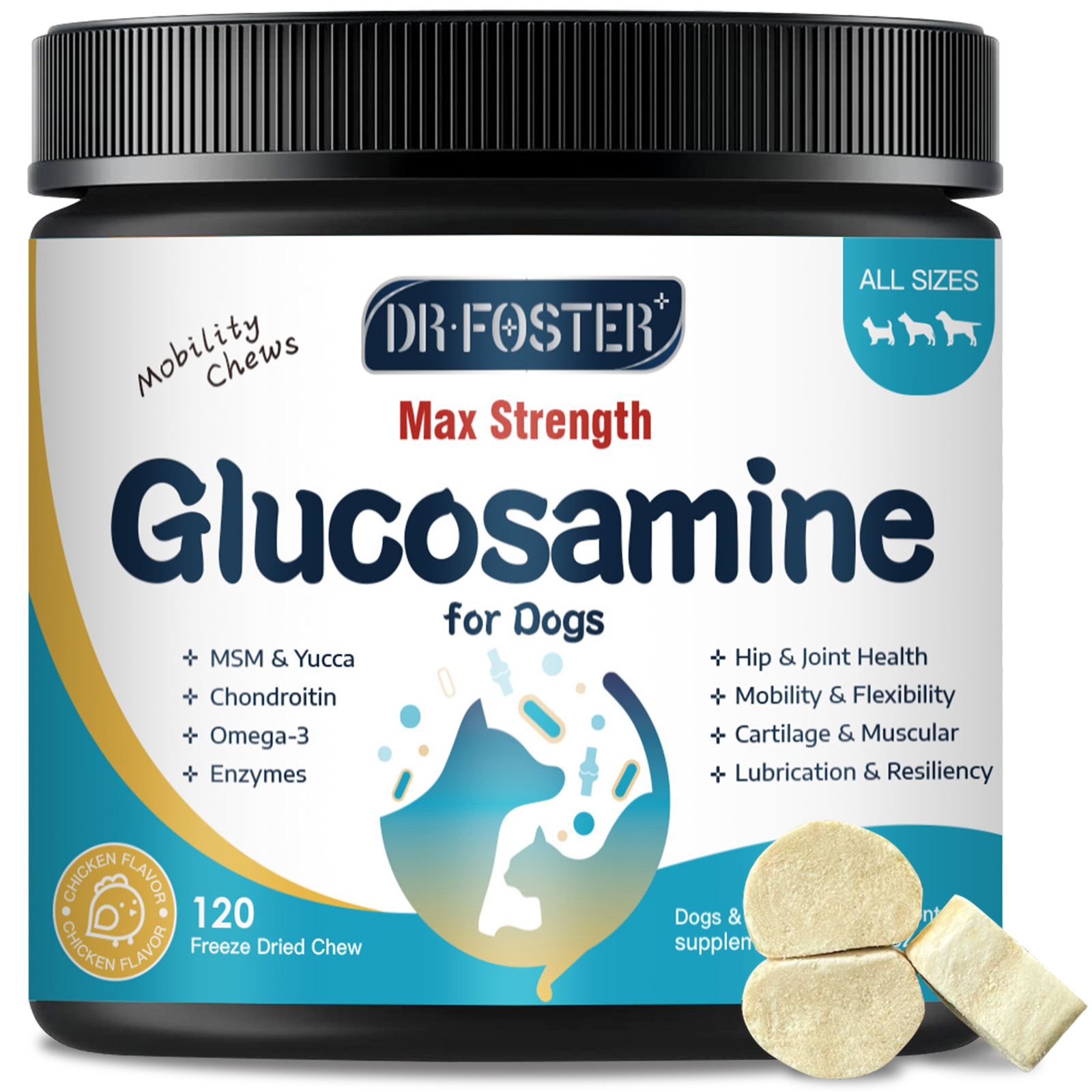 Glucosamine for Dogs Hip and Joint Supplement for Dogs with Chicken Flavor Anti Inflammatory Dog s Chondroitin Digestive Enzymes Omega 3 Vitamin D MSM Calcium Turmeric 120 Freeze Dried Chew