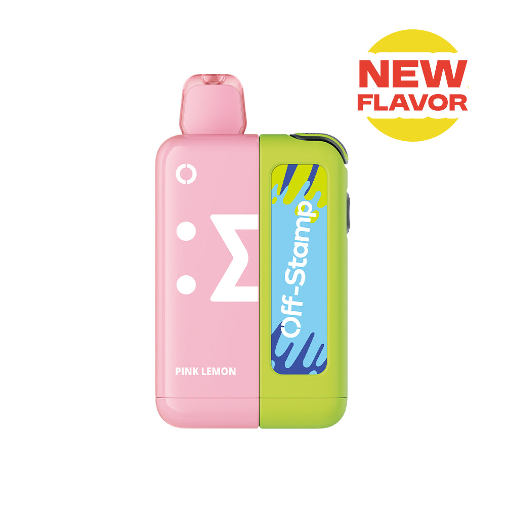 Pink and green Off Stamp X-Cube Classic Kit vape, featuring Pink Lemon flavor and 'NEW FLAVOR' text.
