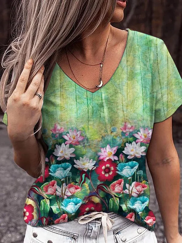 Lotus Floral Art V Neck T Shirt