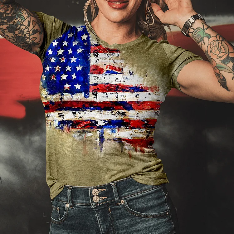 Spring And Summer New Flag Old Creative Printing Women'S Fashion T-Shirt