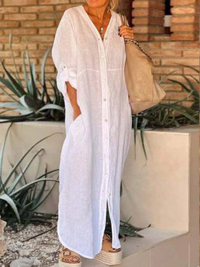 Women's Casual Cotton And Linen Shirt Dress