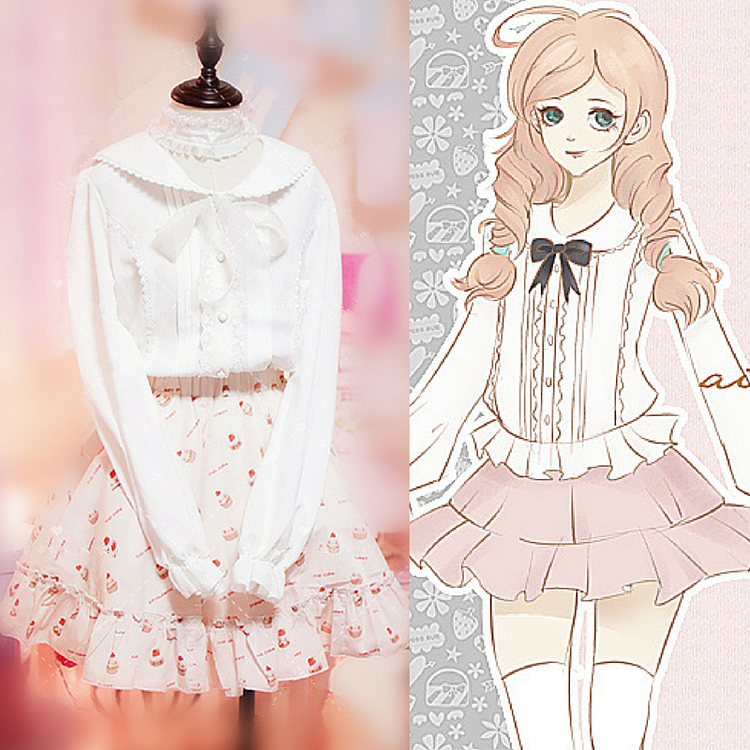 S/M/L White Kitty Cat Ear Long Sleeve Chiffon Sailor Shirt Only SP165917