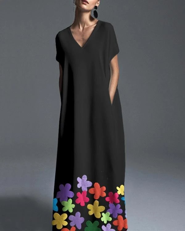 bohemian floral printed v neck casual shift vocation dresses p108655