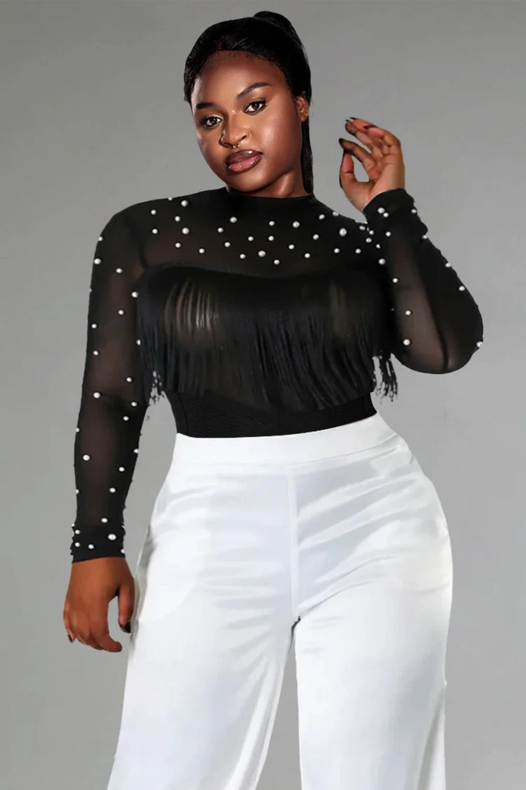 Plus Size Party Blouses Black Short Fall Winter Crew Neck Long Sleeve See Through Strappy Mesh Blouses [Pre-Order]