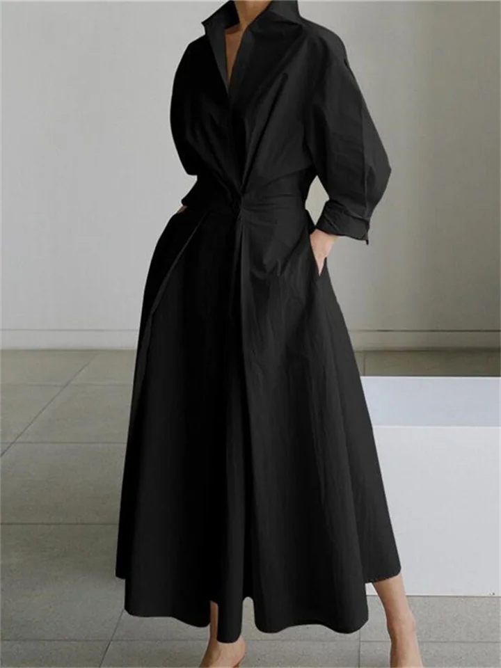 Solid Women's Vintage Lapel Shirt Long Sleeve Big Hem Cotton Linen Black Dresses-Cosfine