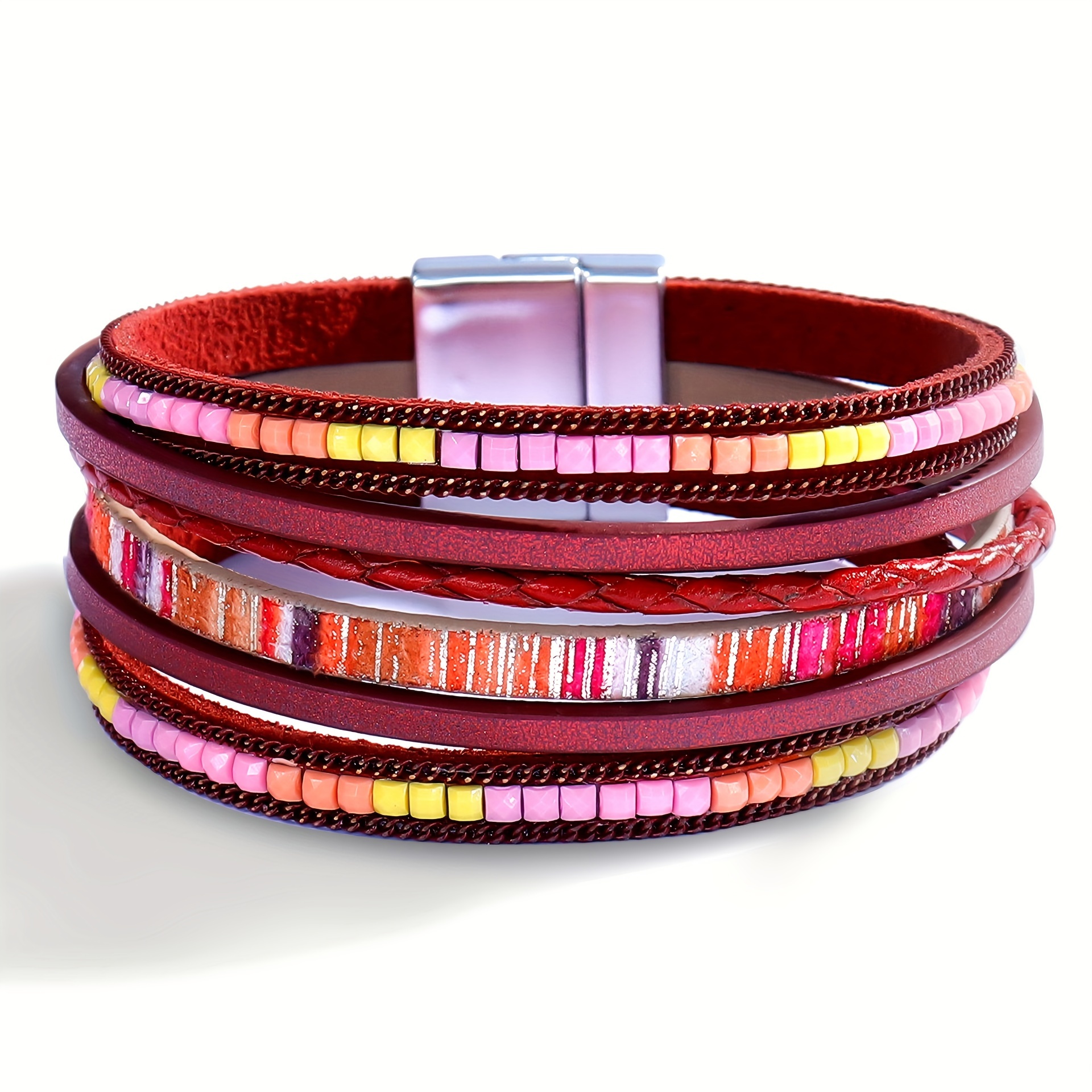 1pc Multi Layers PU Leather Bracelet Boho Style Hand Jewelry Decoration With Magnetic Buckle