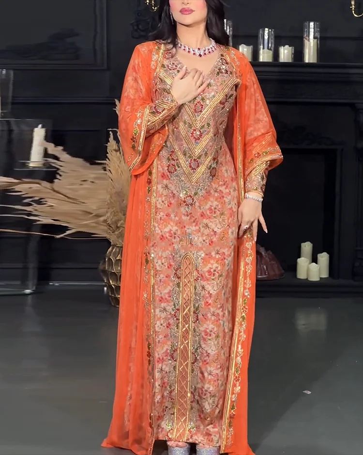 Women's Cardigan V-Neck Sequin Printed Kaftan Dress