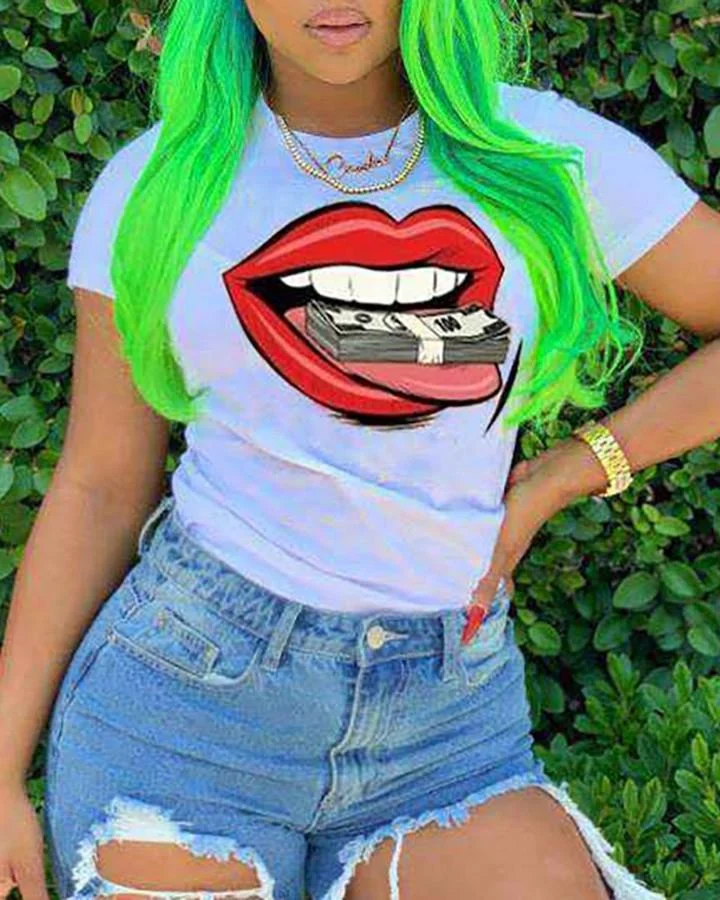 Lip Print Short Sleeve Casual T-shirt P13284