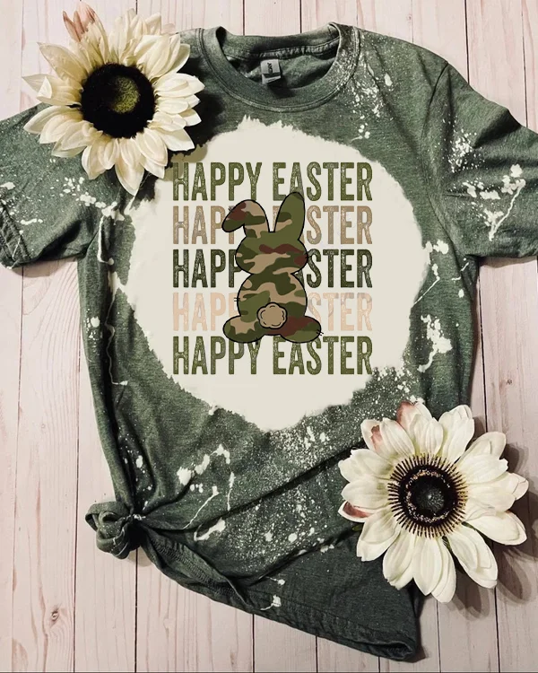Happy Easter Bunny Rabbit Stacked Camo Print V Neck T-shirt