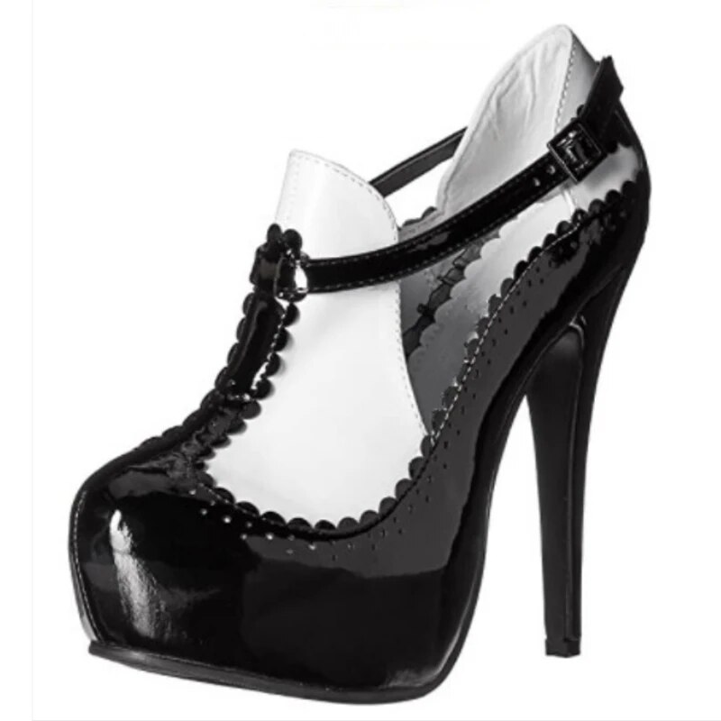 TAAFO White And Black Platform Ankle Boots T-Strappy Buckle Booties 