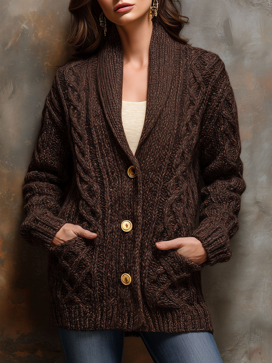 Vintage Chocolate Brown Chunky Cable Knit Cardigan With Pockets