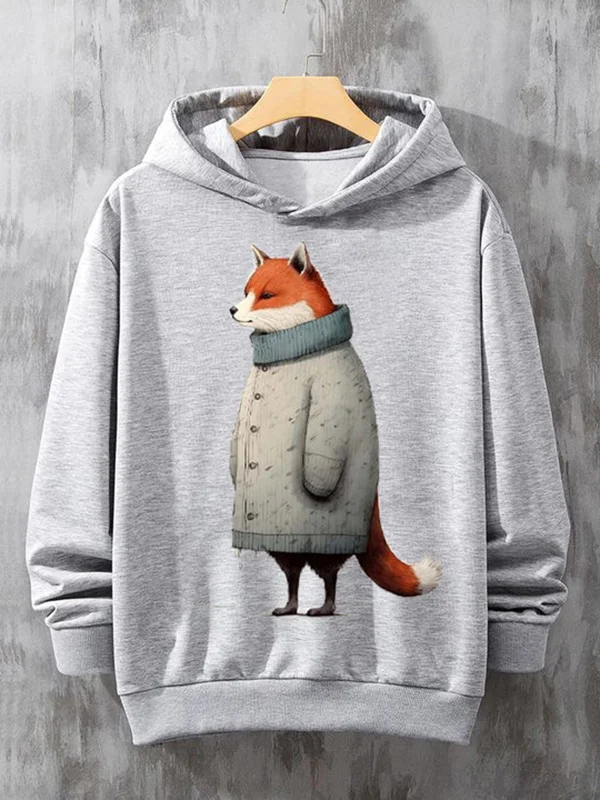 Men's Casual Cute Coat Fox Graphic Print Hooded Sweatshirt