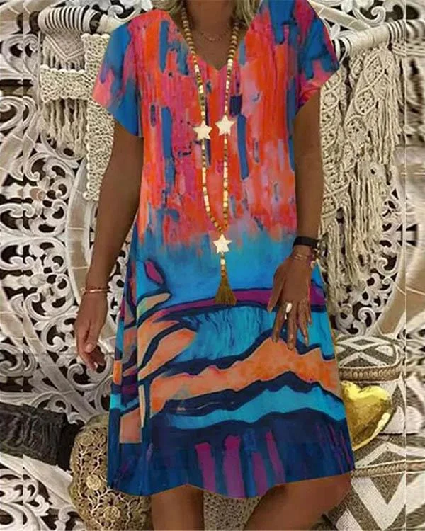 Multicolor Graffiti V Neck A-line Short Sleeve Midi Dress