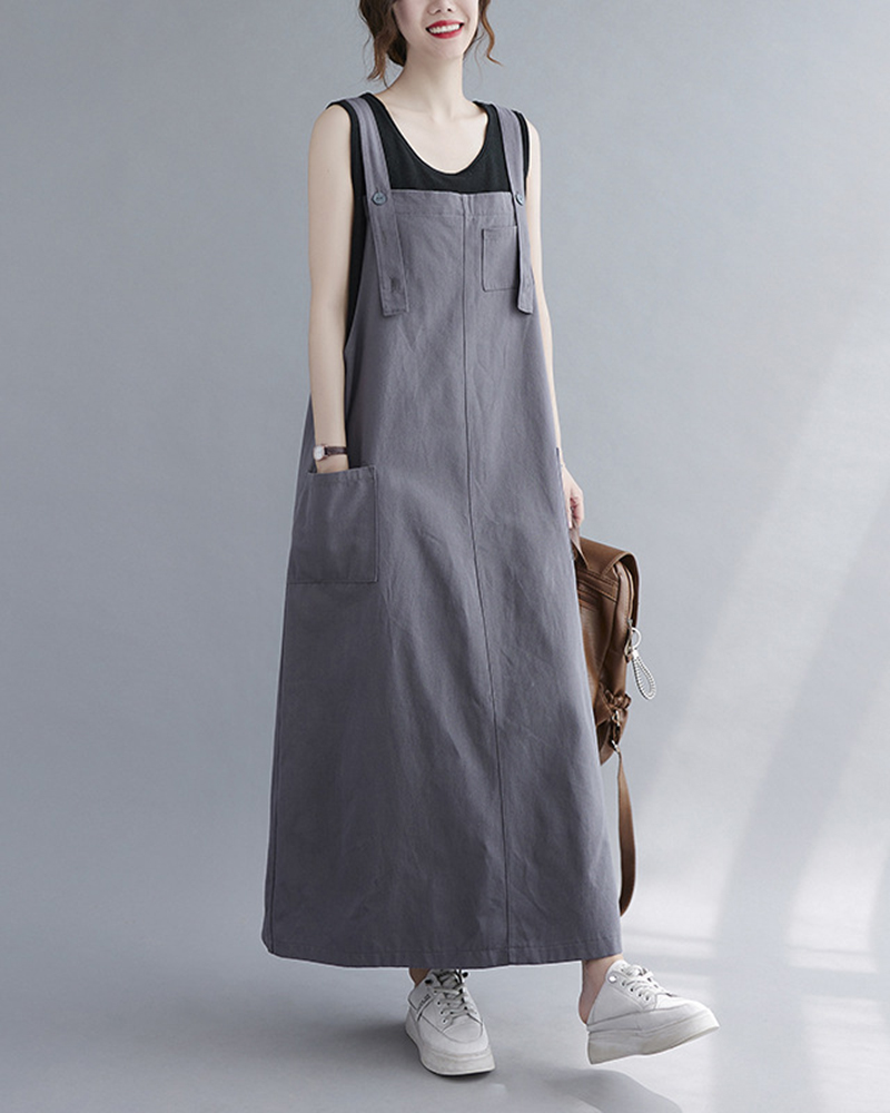 Wide Shoulder Strap Sleeveless Front Pockets Solid Color Loose Maxi Dress
