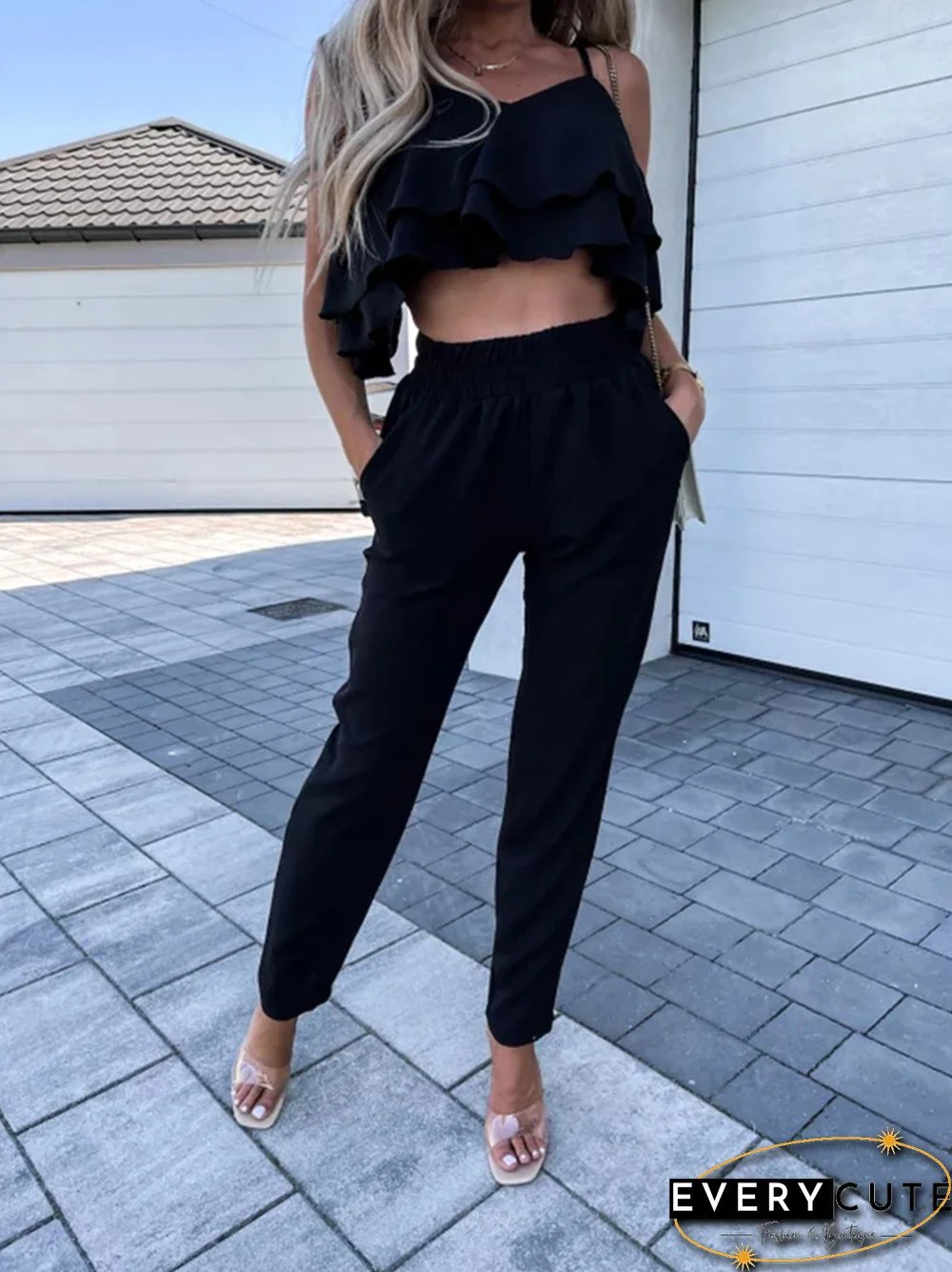 Sexy Suspenders Crop Top + Harem Pants Casual Two Piece Sets Fashion Club Ruffled Solid Suit Summer Pocket Elastic Waist Outfit