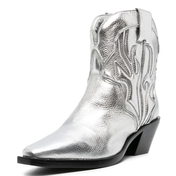 Silver Metallic Chunky Heel Booties Western Cowboy Boots for Women |FSJ Shoes