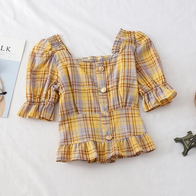 Yellow/Purple/Pink Falbala Vintage Grid Shirt SP14027
